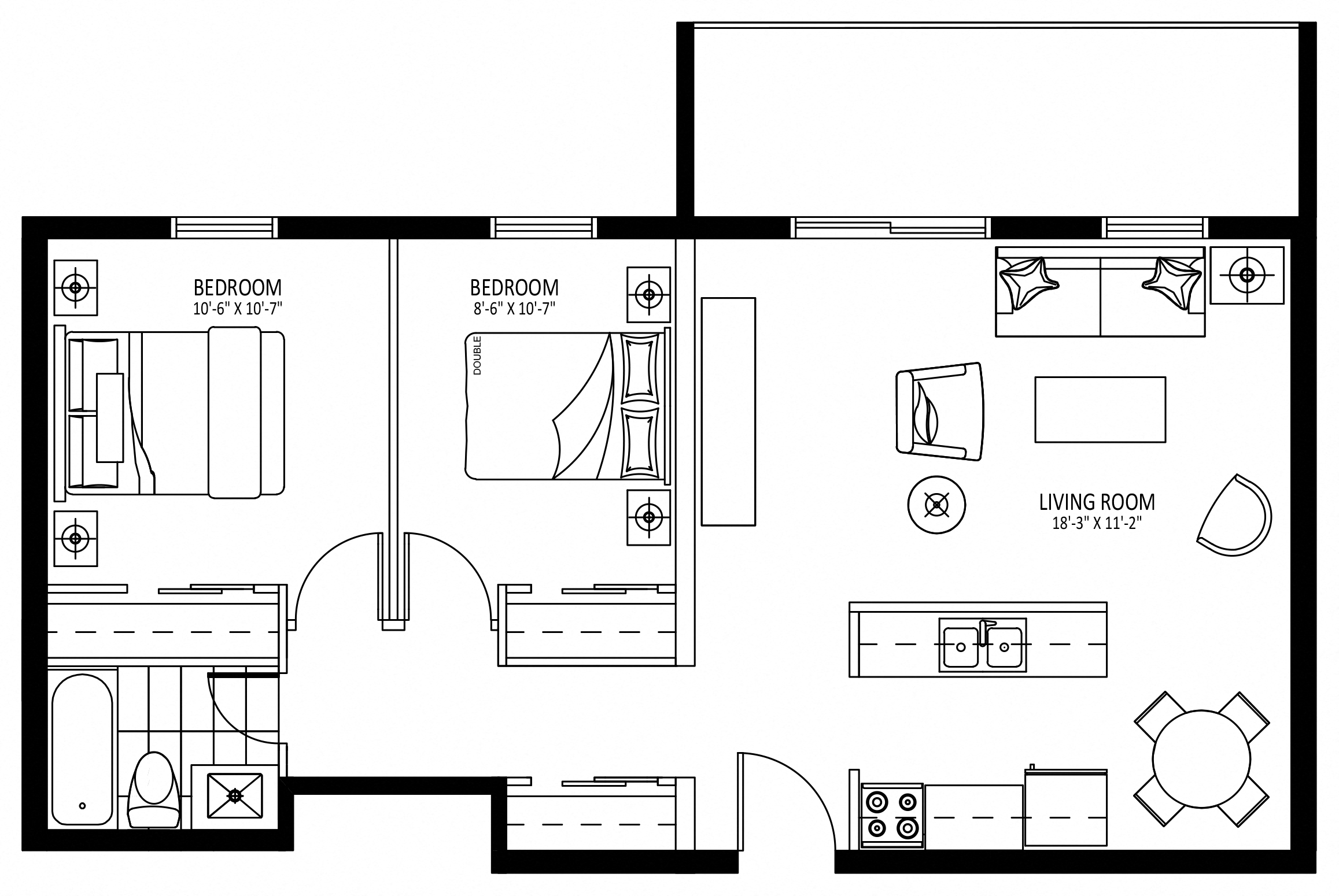 Floor plan for 2 beds, 1 bath, 770 sqft
